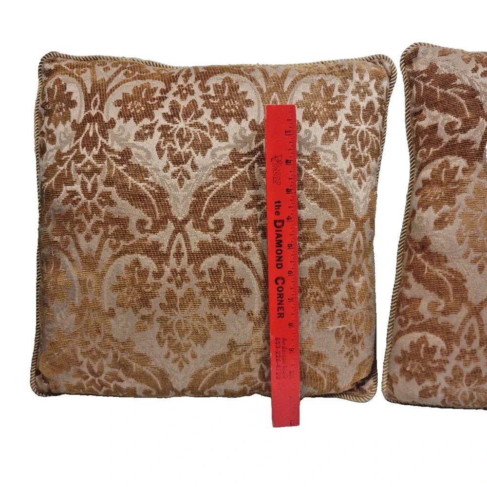 Set of 2 VTG Damask Throw Pillows Brown Gold Corded Trim 15x15 Jacquard Damask